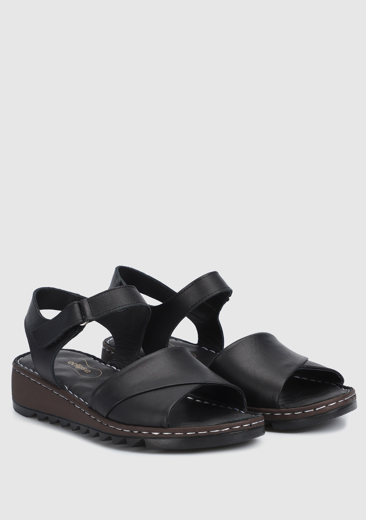 Siyah Deri Kadın Konfor Sandalet