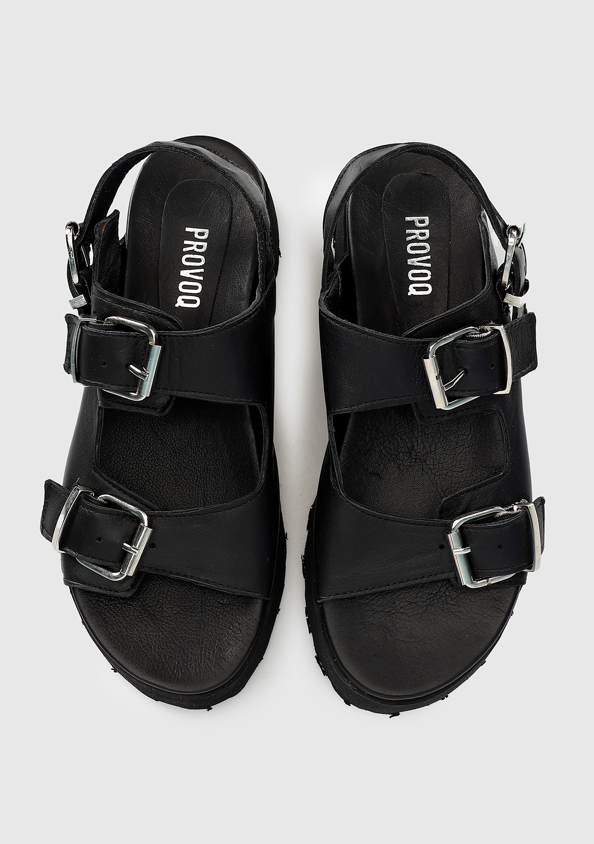 Siyah Deri Kadın Düz Sandalet