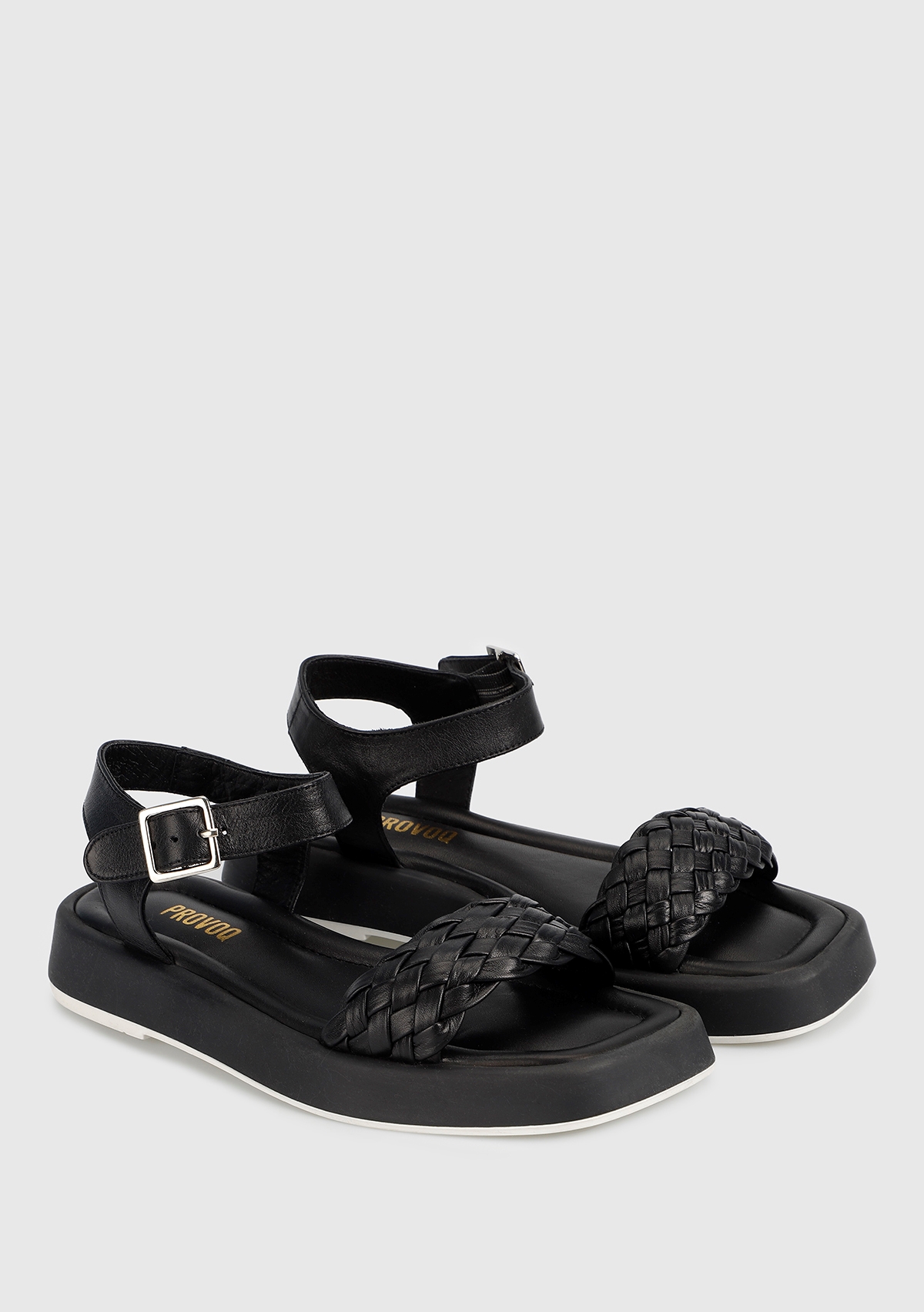 Siyah Deri Kadın Düz Sandalet