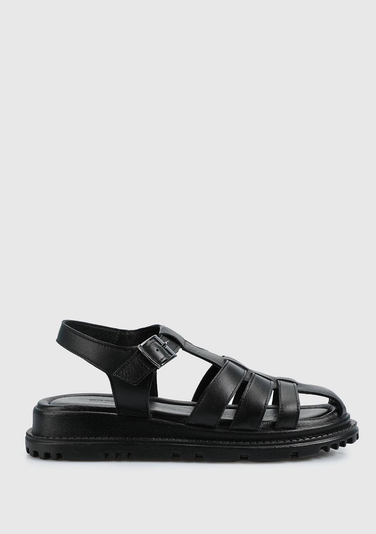 Siyah Deri Kadın Düz Sandalet