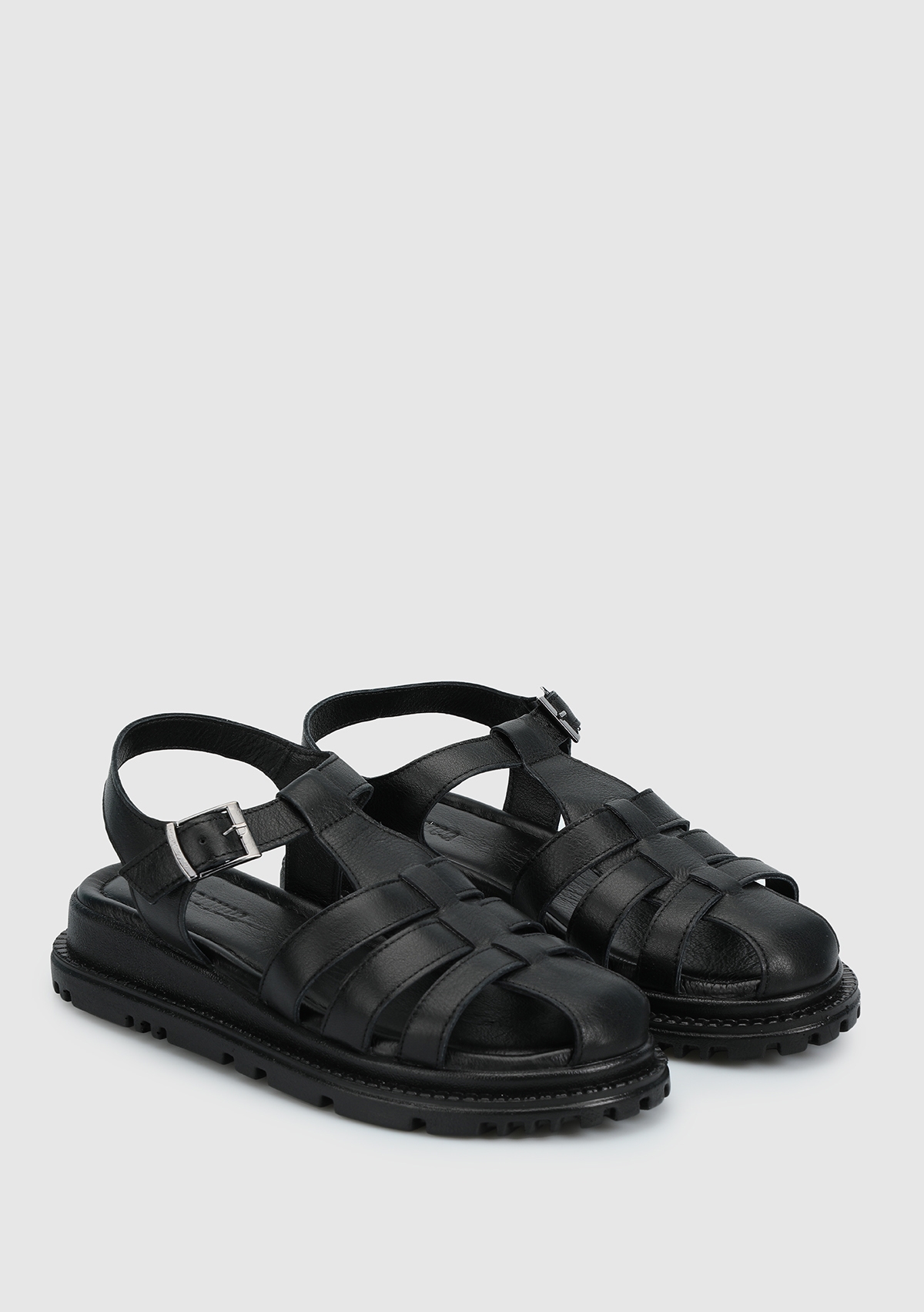 Siyah Deri Kadın Düz Sandalet