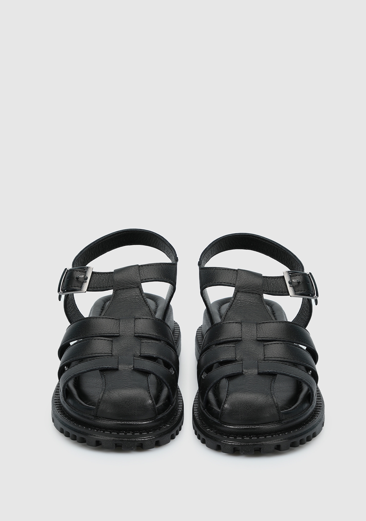 Siyah Deri Kadın Düz Sandalet