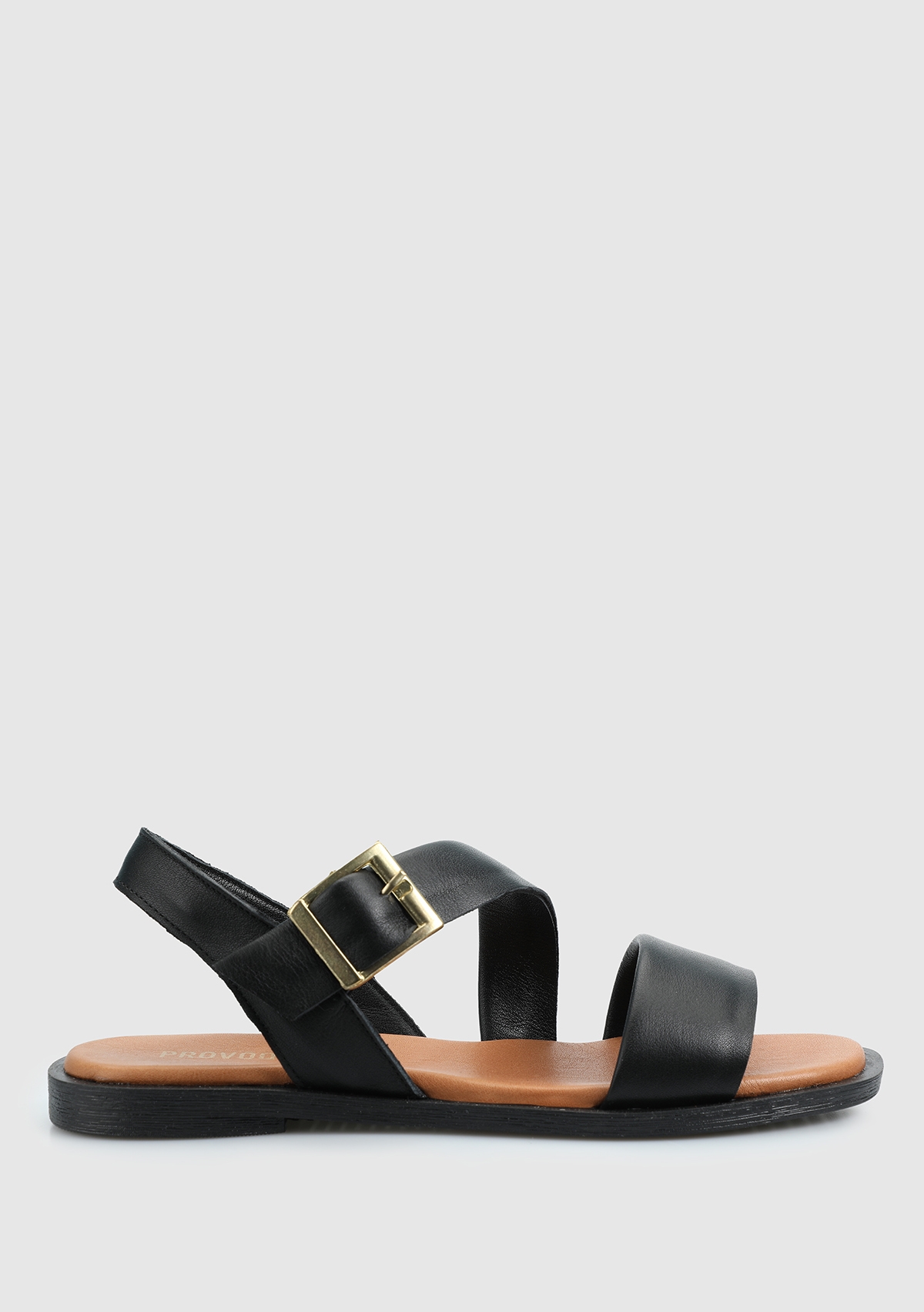 Siyah Deri Kadın Düz Sandalet