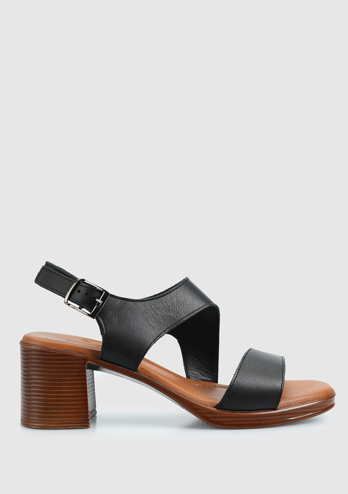 Siyah Deri Kadın Topuklu Sandalet