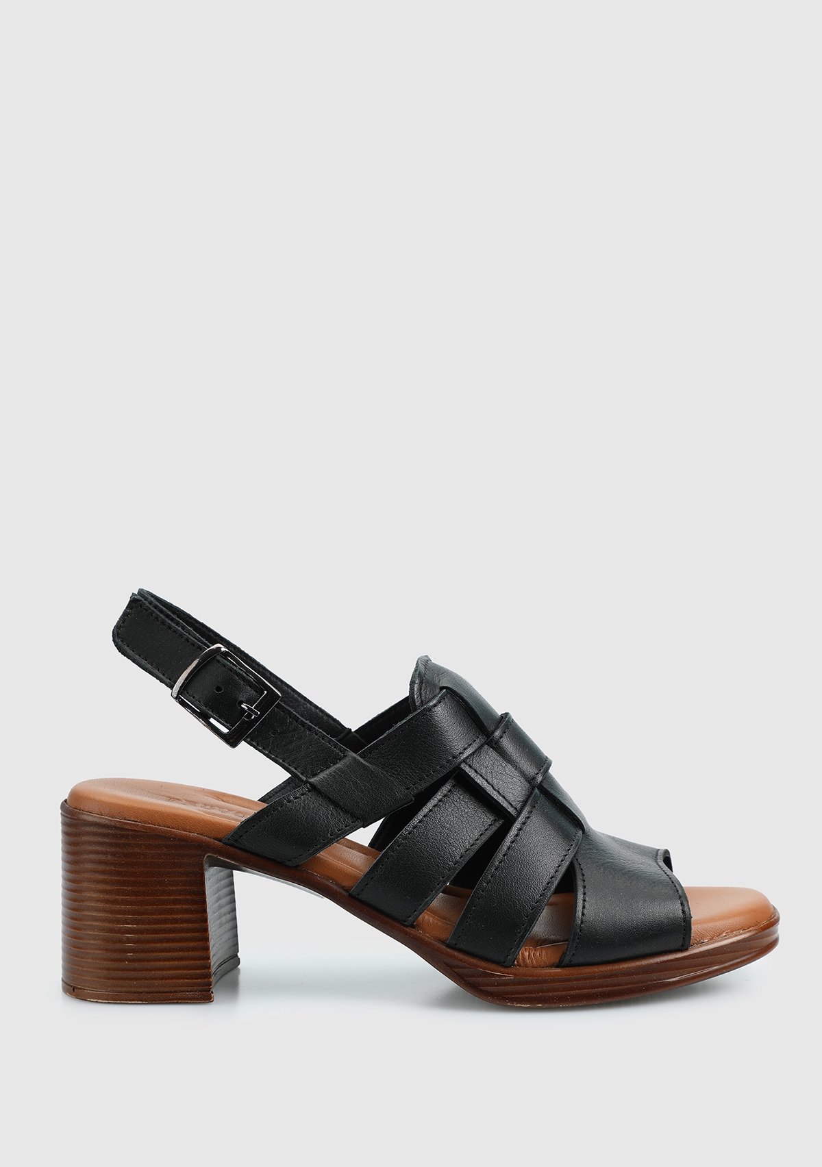Siyah Deri Kadın Topuklu Sandalet