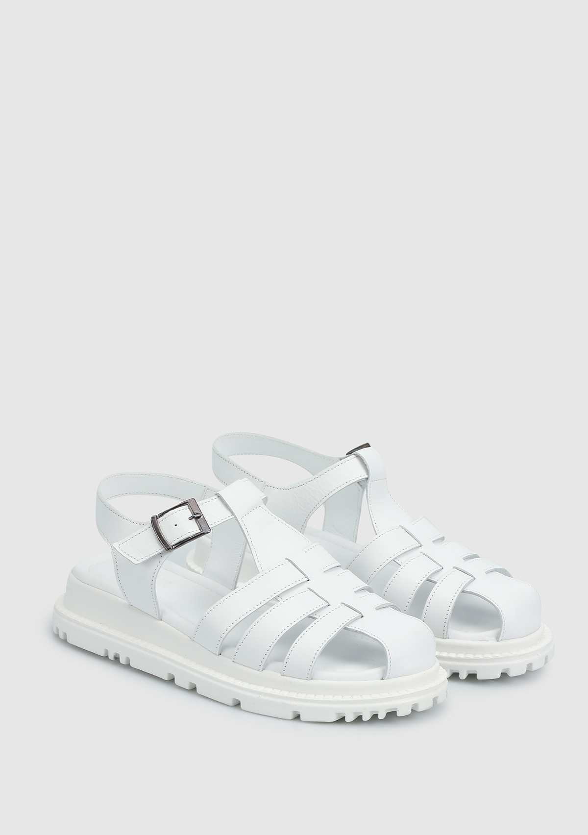 Beyaz Deri Kadın Düz Sandalet