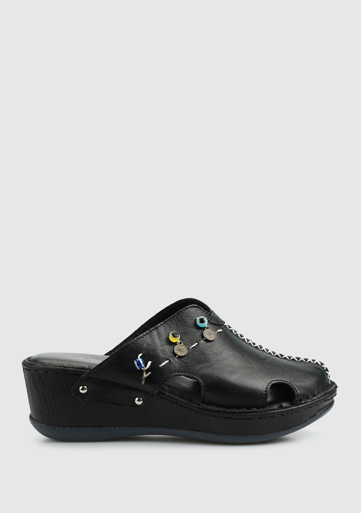 Siyah Deri Kadın Konfor Terlik