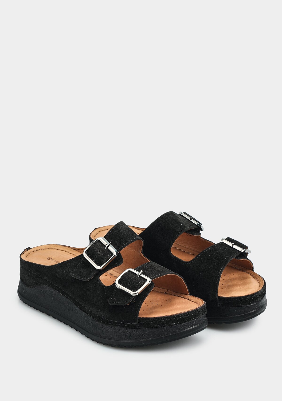 Siyah Deri Kadın Konfor Terlik