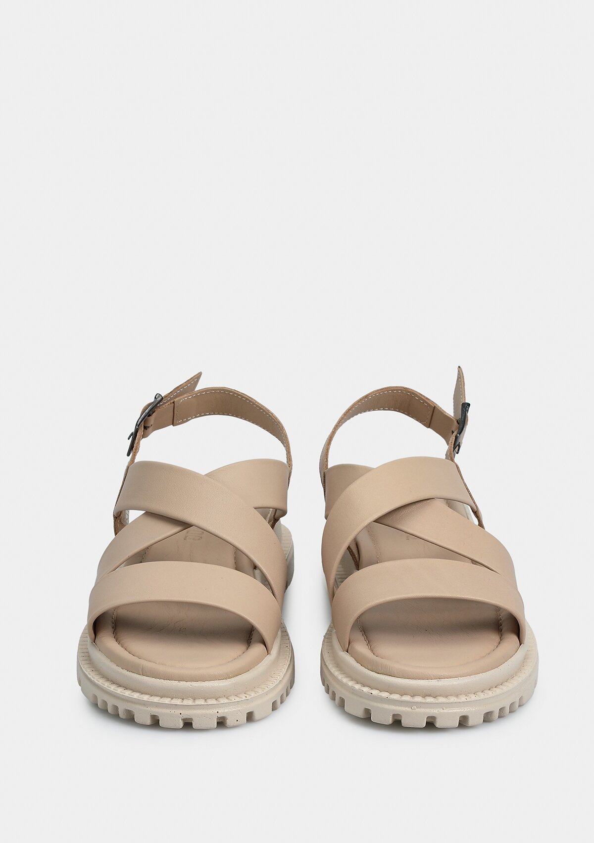 Bej Deri Kadın Düz Sandalet