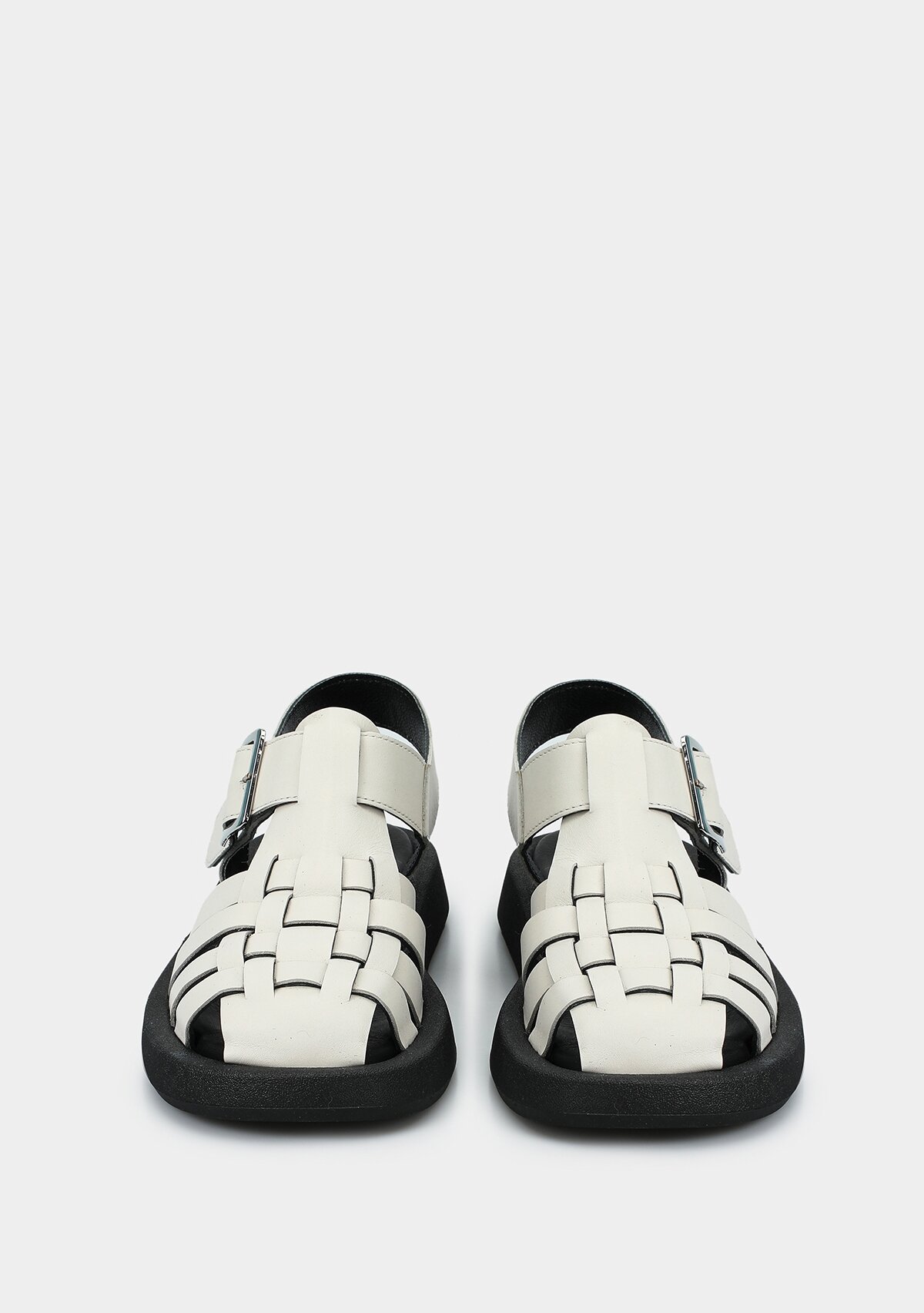 Ekru Deri Kadın Düz Sandalet