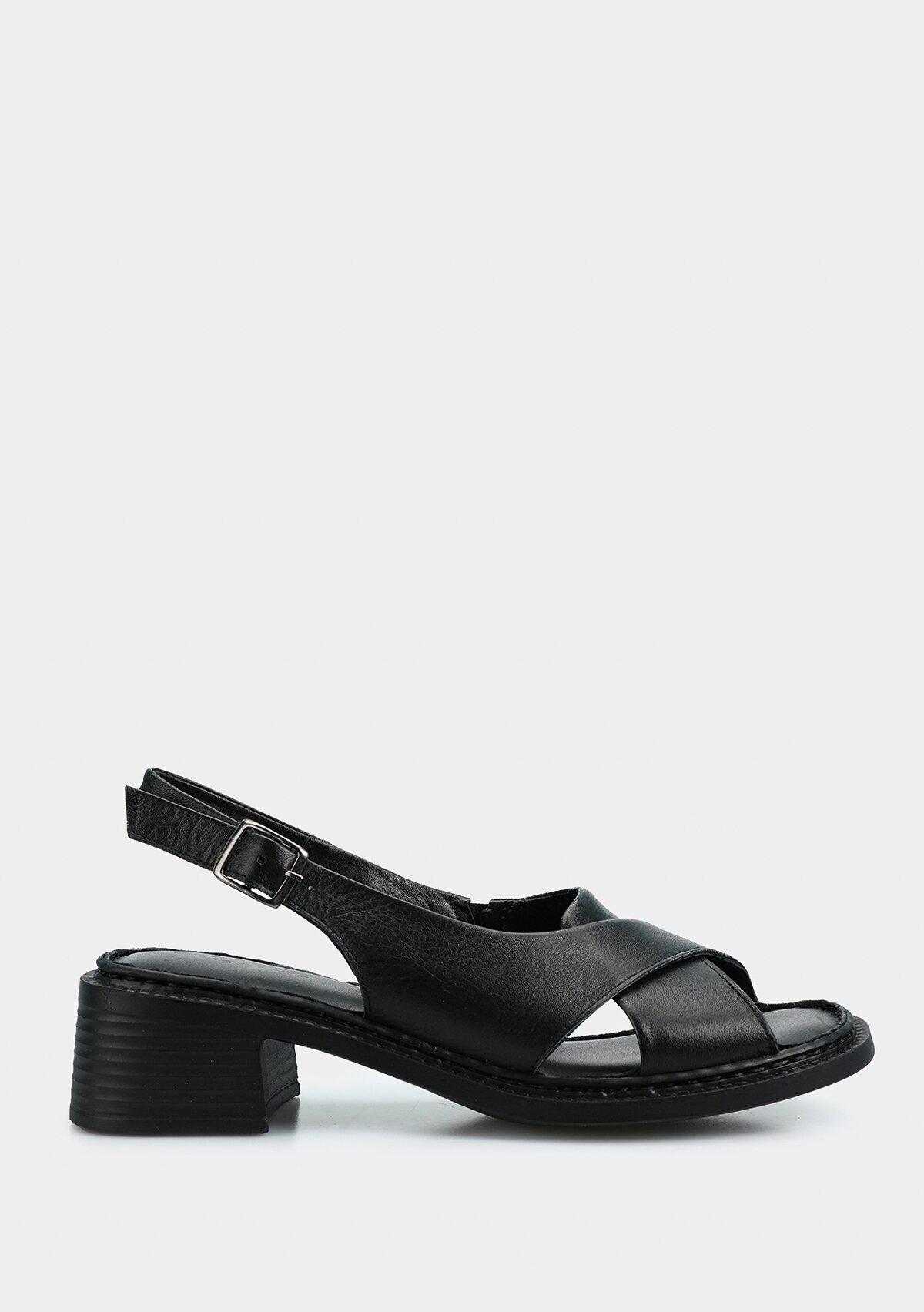 Siyah Deri Kadın Topuklu Sandalet