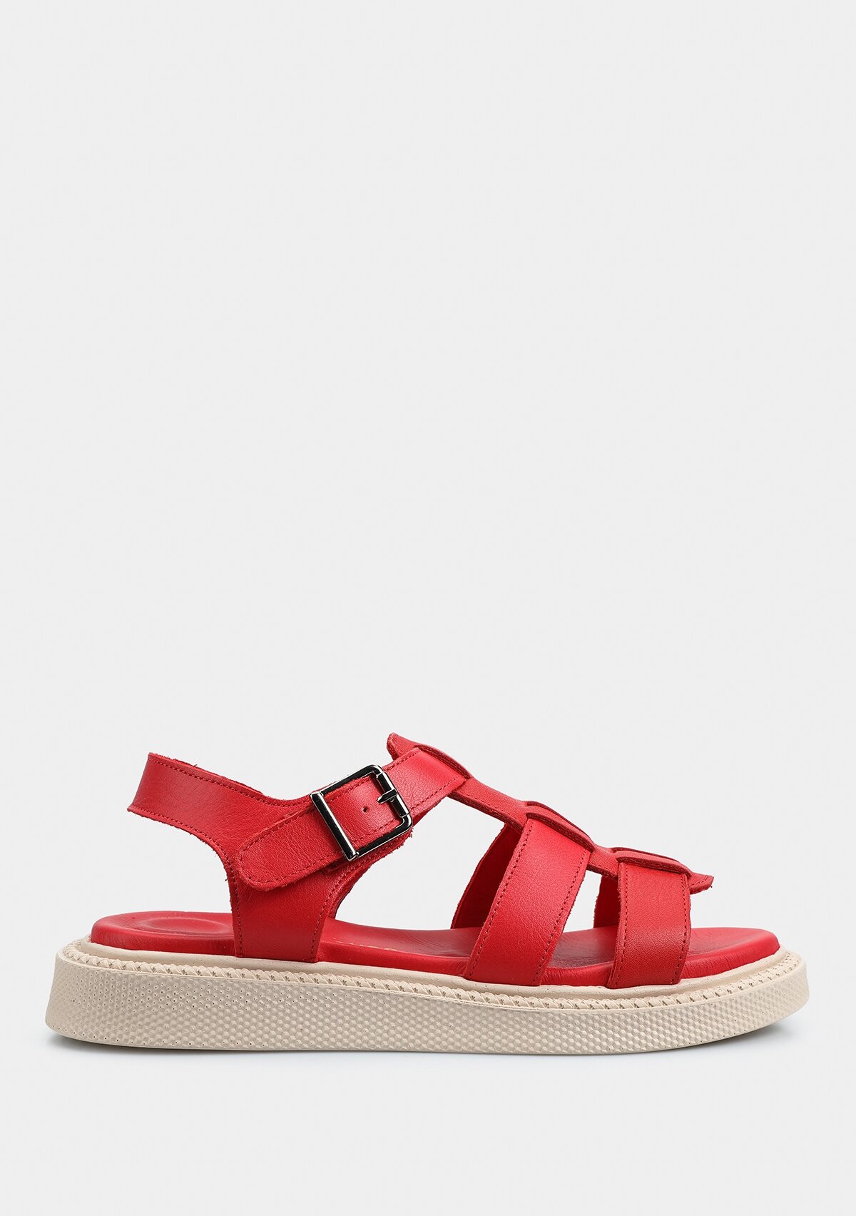 Kırmızı Deri Kadın Düz Sandalet
