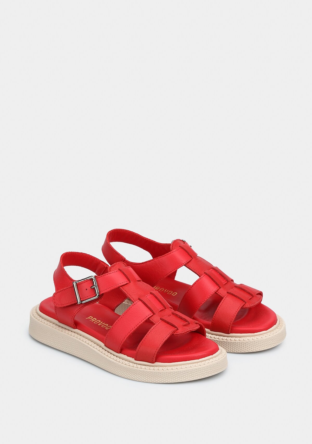 Kırmızı Deri Kadın Düz Sandalet