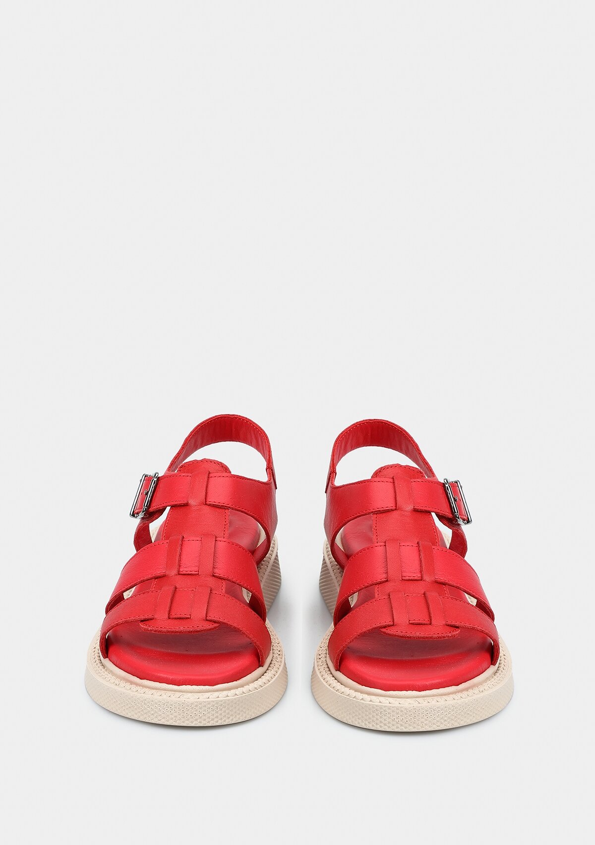 Kırmızı Deri Kadın Düz Sandalet