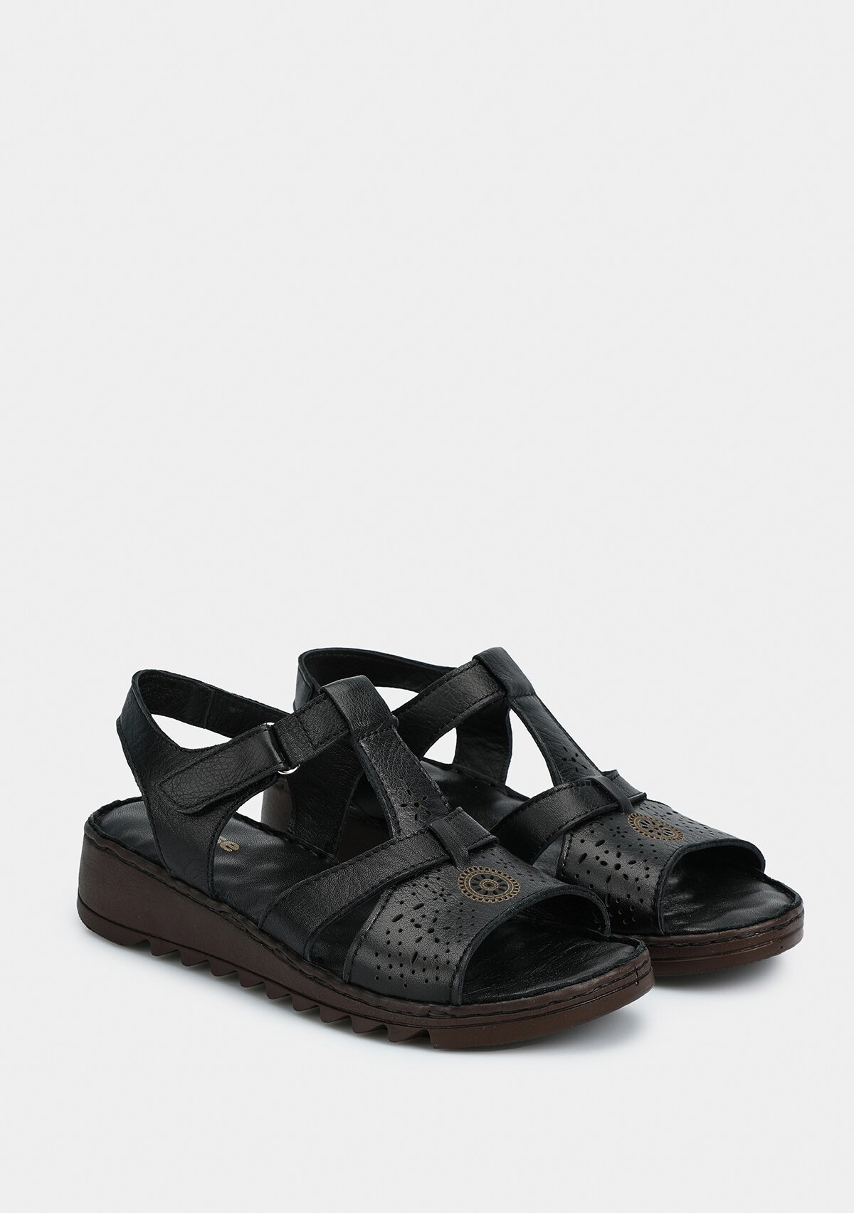 Siyah Deri Kadın Konfor Sandalet