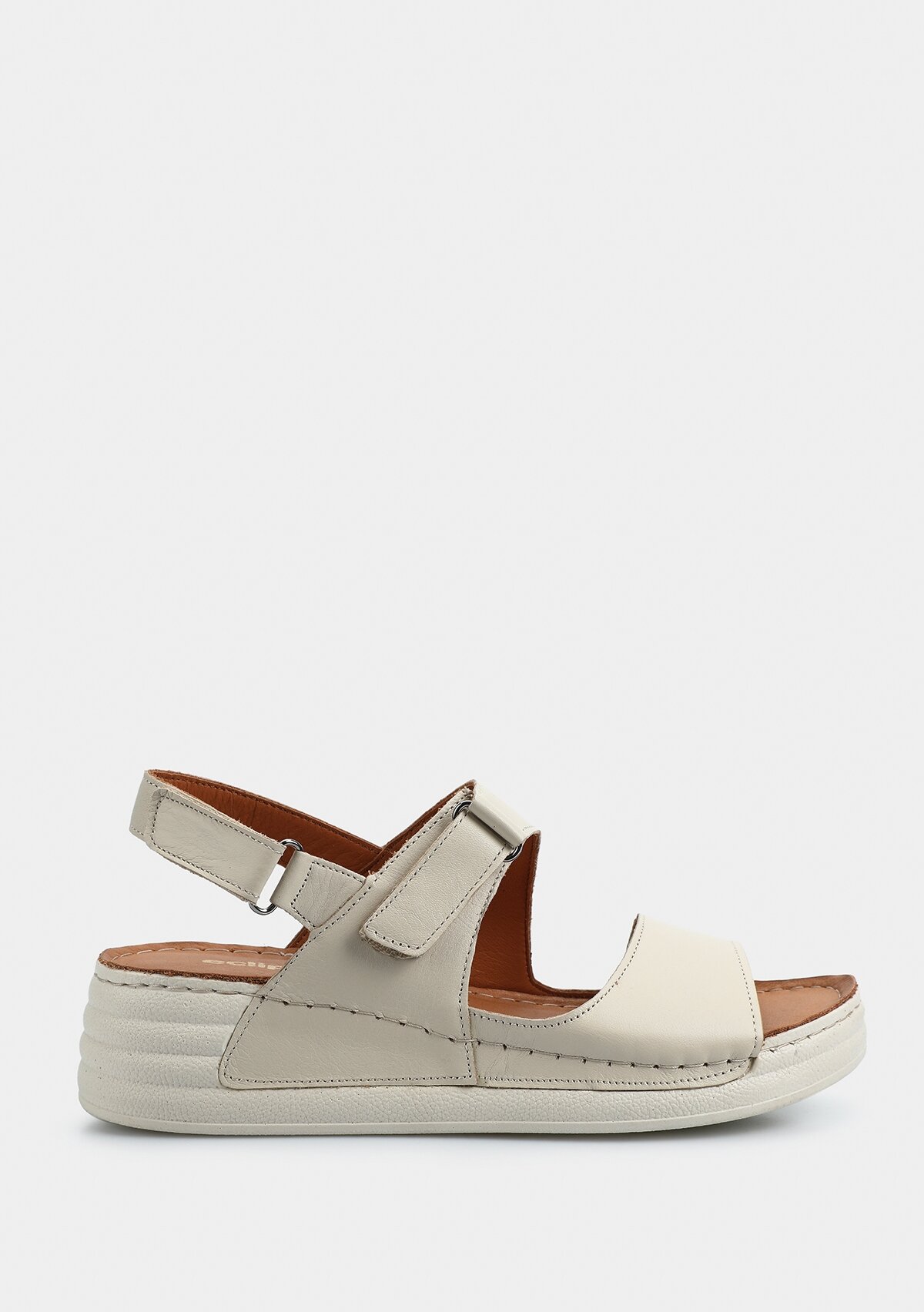 Ekru Deri Kadın Düz Sandalet