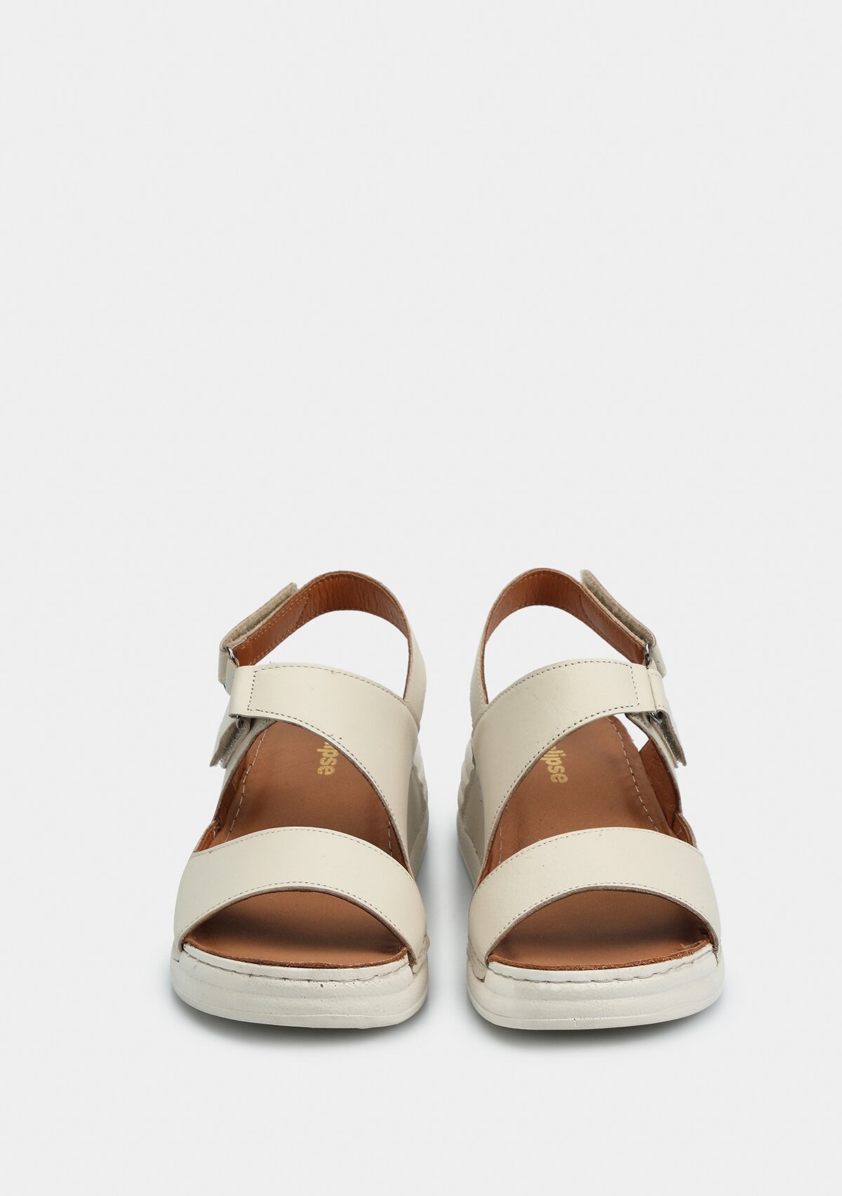 Ekru Deri Kadın Düz Sandalet