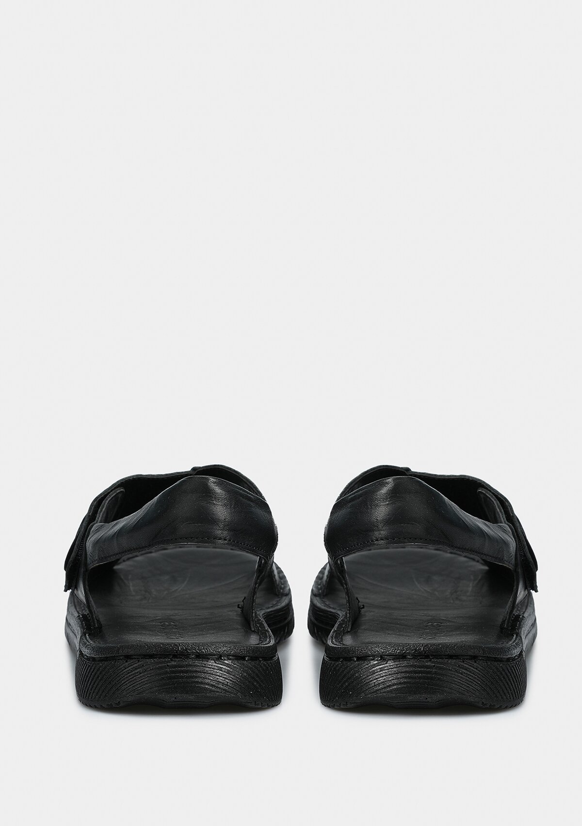 Siyah Deri Erkek Düz Sandalet