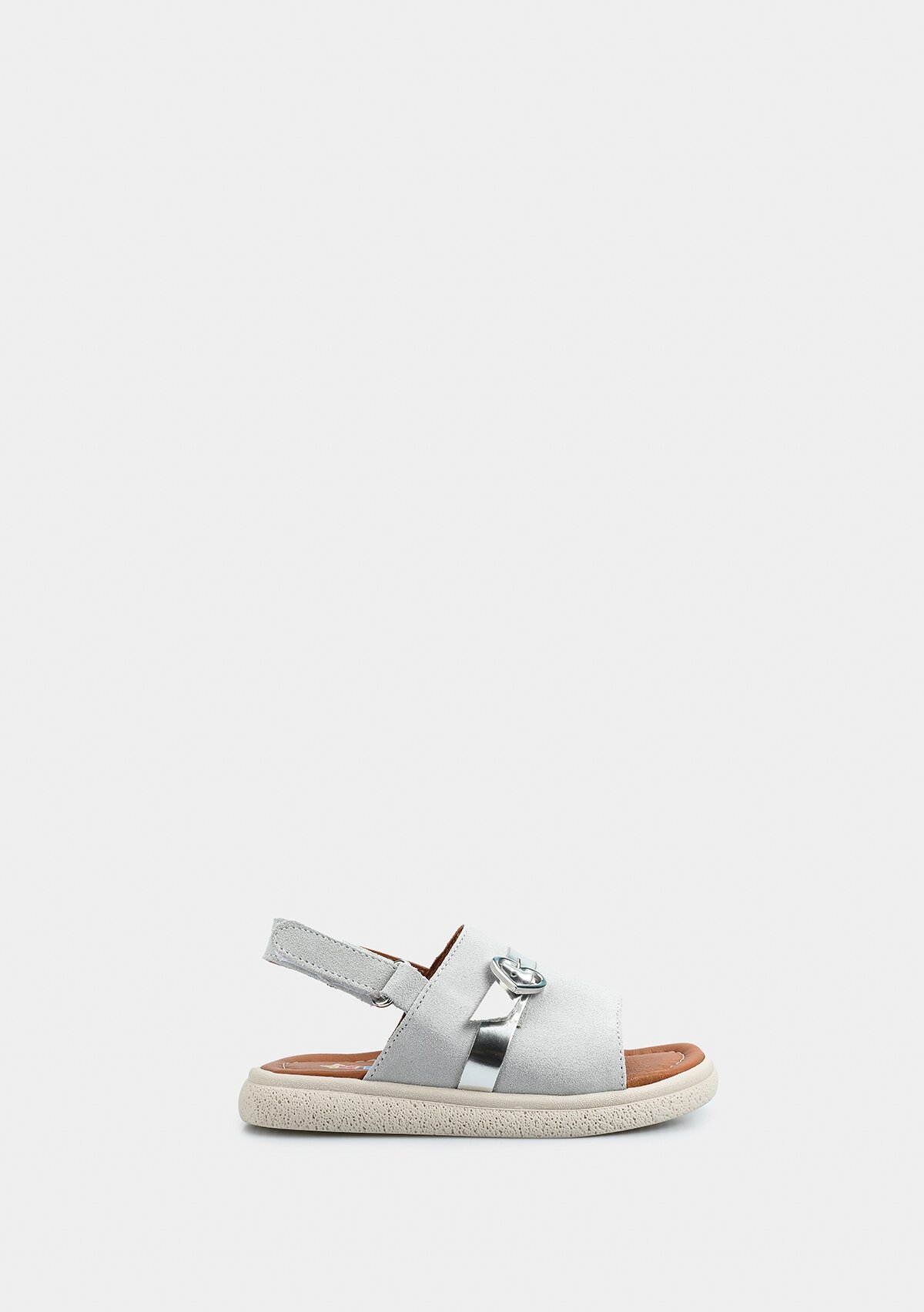 Gri Deri Kız Çocuk Düz Sandalet