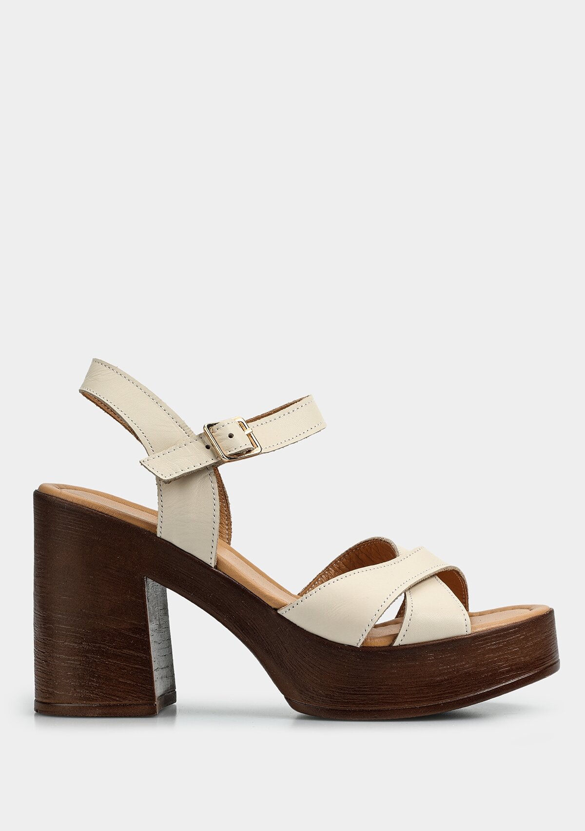 Ekru Deri Kadın Topuklu Sandalet