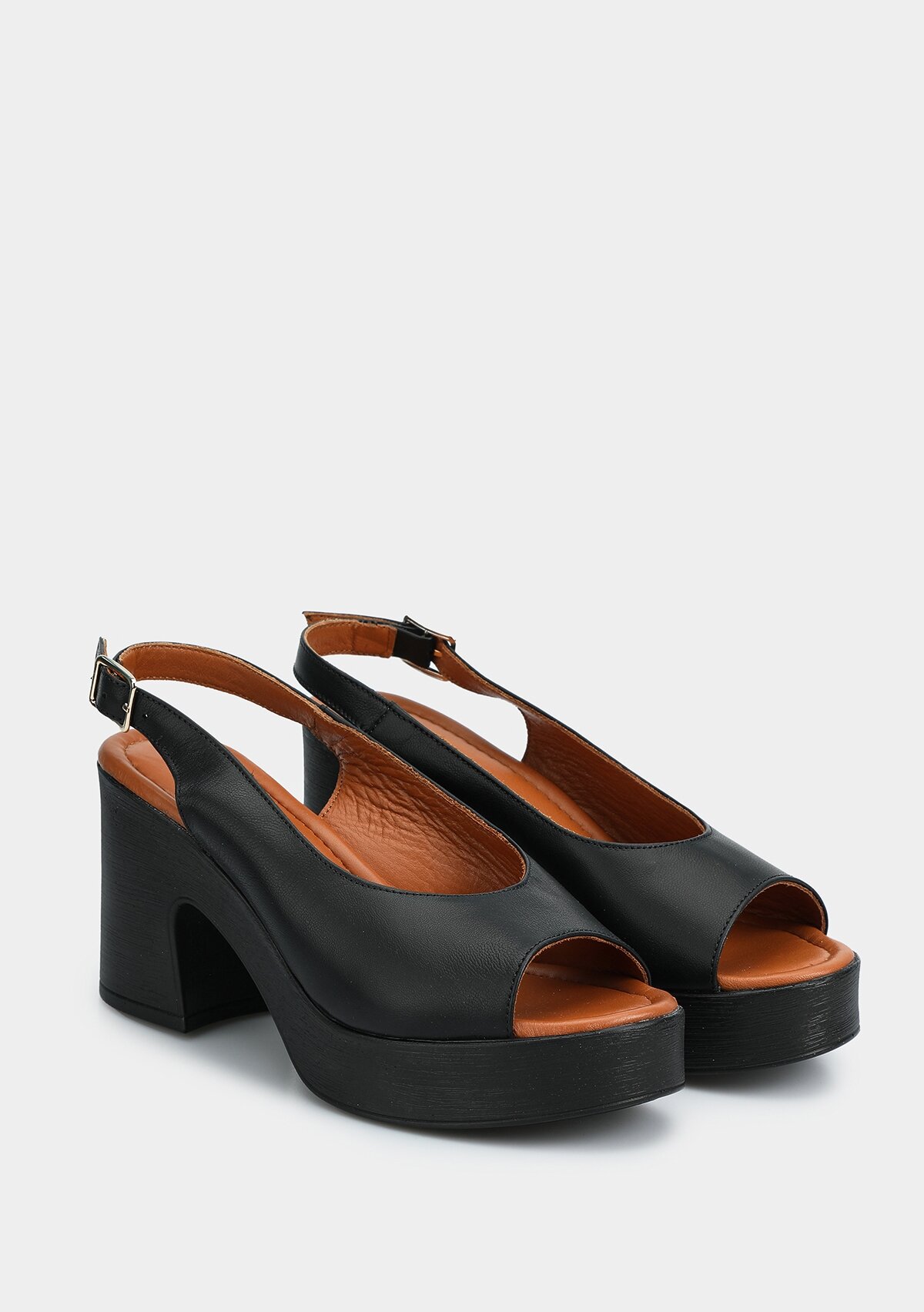 Siyah Deri Kadın Topuklu Sandalet