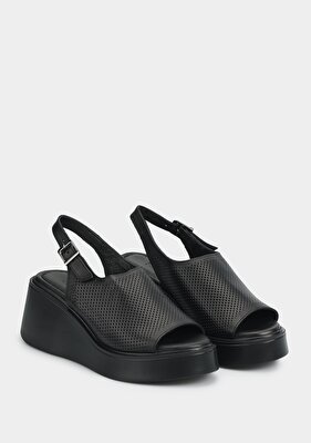 Provoq Siyah Deri Kadın Topuklu Sandalet