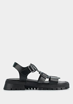 Provoq Siyah Deri Kadın Düz Sandalet