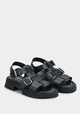 Provoq Siyah Deri Kadın Düz Sandalet