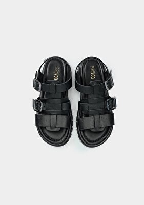 Provoq Siyah Deri Kadın Düz Sandalet