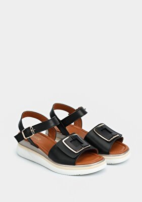 Provoq Siyah Deri Kadın Düz Sandalet