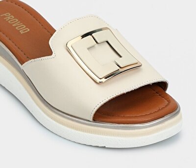 Provoq Ekru Deri Kadın Terlik