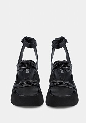 Provoq Siyah Deri Kadın Düz Sandalet