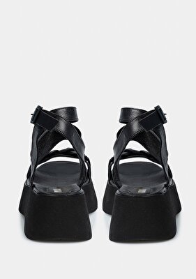 Provoq Siyah Deri Kadın Düz Sandalet