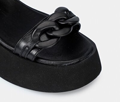 Provoq Siyah Deri Kadın Düz Sandalet