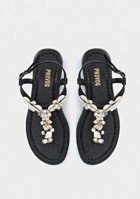 Provoq Siyah Kadın Düz Sandalet