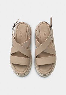 Provoq Bej Deri Kadın Düz Sandalet