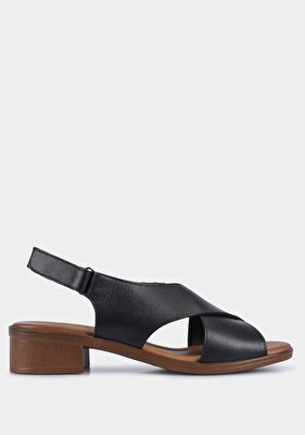 Provoq Siyah Deri Kadın Düz Sandalet