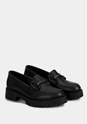 Provoq Siyah Deri Kadın Ayakkabı