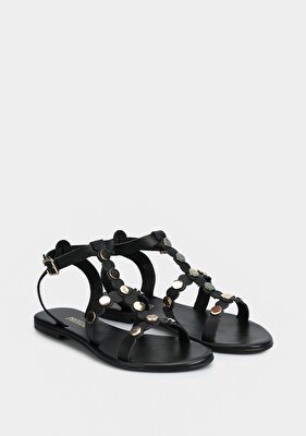 Provoq Siyah Deri Kadın Düz Sandalet