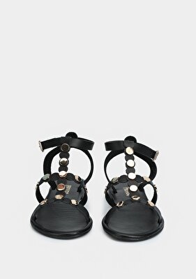 Provoq Siyah Deri Kadın Düz Sandalet