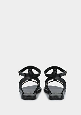 Provoq Siyah Deri Kadın Düz Sandalet