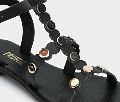 Provoq Siyah Deri Kadın Düz Sandalet