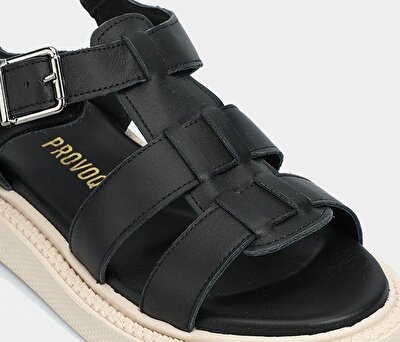 Provoq Siyah Deri Kadın Düz Sandalet