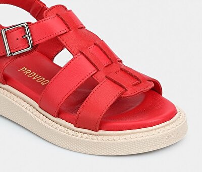 Provoq Kırmızı Deri Kadın Düz Sandalet