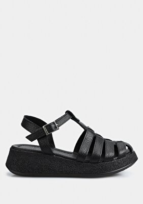 Provoq Siyah Deri Kadın Düz Sandalet