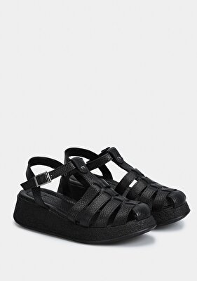 Provoq Siyah Deri Kadın Düz Sandalet