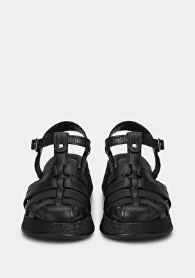 Provoq Siyah Deri Kadın Düz Sandalet