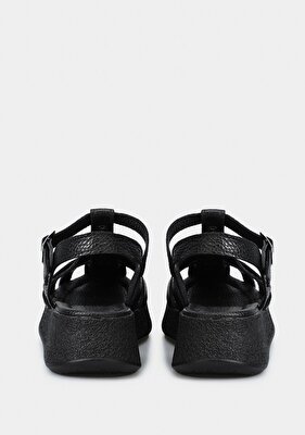 Provoq Siyah Deri Kadın Düz Sandalet