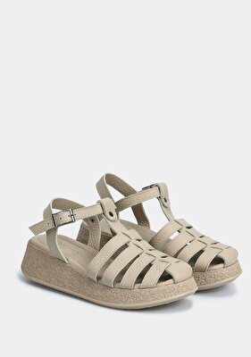 Provoq Bej Deri Kadın Düz Sandalet