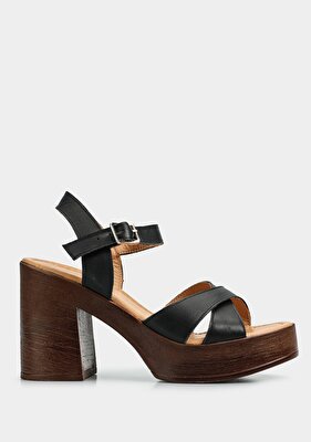 Provoq Siyah Deri Kadın Topuklu Sandalet